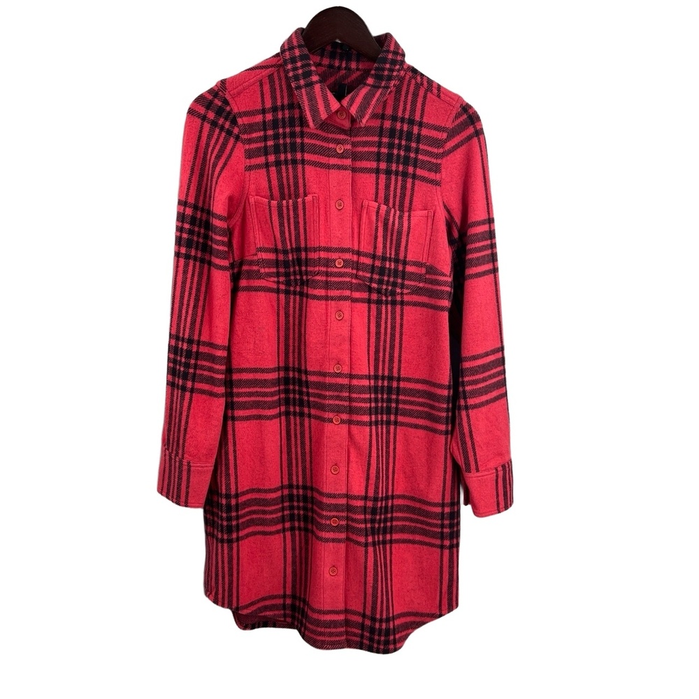 Universal Standard Red Plaid Button Down Shirt Dress Long Sleeve 4XS 00-0‎ New